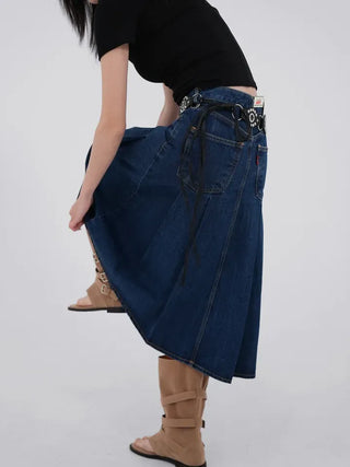 Paileena Pleated Denim Midi Skirt
