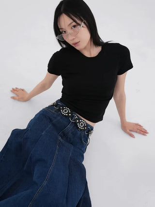Paileena Pleated Denim Midi Skirt