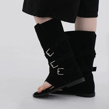 Wenirel Three-Buckle Suede Flip-flop Boots