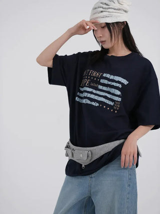 Difron Oversized Unique American Flag Short Sleeve T-shirt