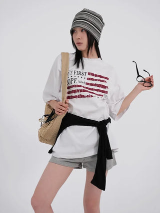 Difron Oversized Unique American Flag Short Sleeve T-shirt
