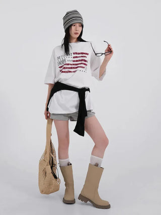 Difron Oversized Unique American Flag Short Sleeve T-shirt