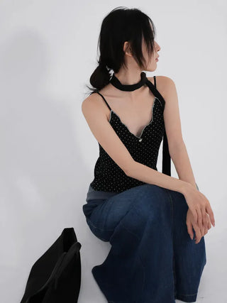 Mio Deep V Dot Flower Sleeveless Top