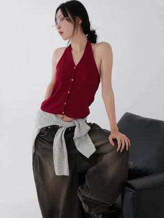 Kubin Basic Linen Halter Sleeveless Cardigan