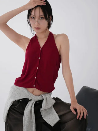Kubin Basic Linen Halter Sleeveless Cardigan