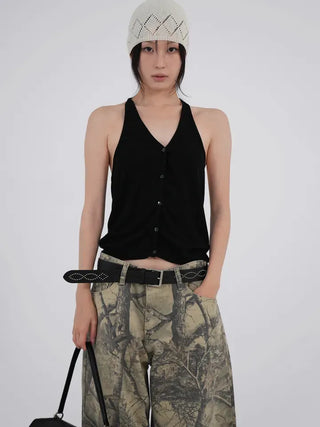 Kubin Basic Linen Halter Sleeveless Cardigan