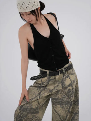 Kubin Basic Linen Halter Sleeveless Cardigan