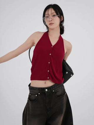 Kubin Basic Linen Halter Sleeveless Cardigan