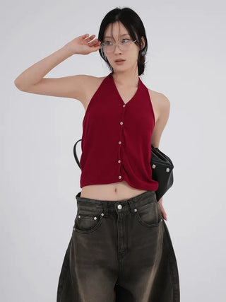 Kubin Basic Linen Halter Sleeveless Cardigan