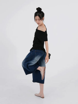 Dayu Front Pintuck Bermuda Denim Pants