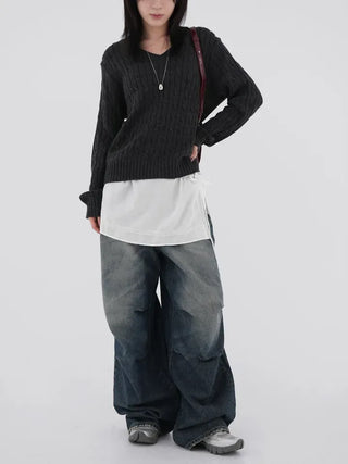 Chino V-Neck Cable Knit