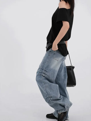 Kuel Boxy Fit Simple One-Shoulder Short Sleeve T-Shirt