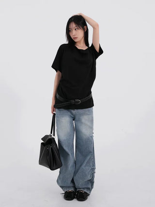 Kuel Boxy Fit Simple One-Shoulder Short Sleeve T-Shirt