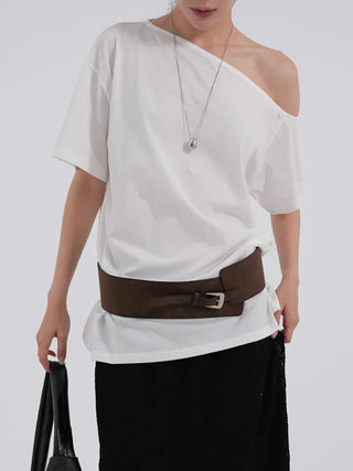 Kuel Boxy Fit Simple One-Shoulder Short Sleeve T-Shirt