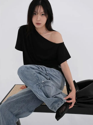 Kuel Boxy Fit Simple One-Shoulder Short Sleeve T-Shirt