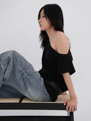 Kuel Boxy Fit Simple One-Shoulder Short Sleeve T-Shirt
