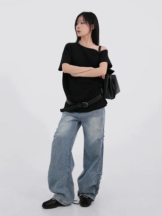 Kuel Boxy Fit Simple One-Shoulder Short Sleeve T-Shirt