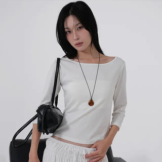 Neyu Boat Neck 3/4 Sleeve Basic Cotton T-shirt