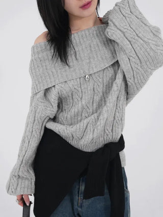 Ene Off-shoulder Loose Cable Knit