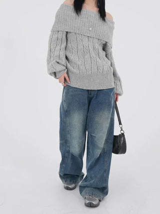 Ene Off-shoulder Loose Cable Knit