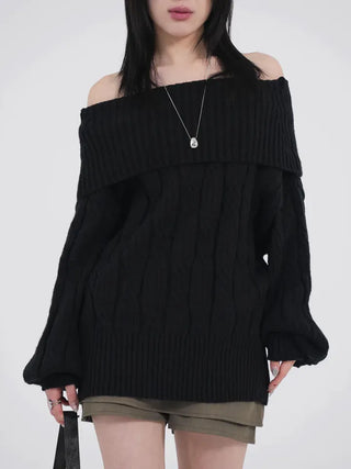 Ene Off-shoulder Loose Cable Knit