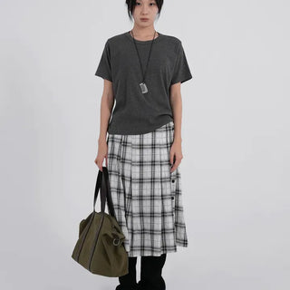 Dubi Check Button Midi Pleated Skirt