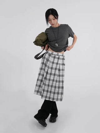 Dubi Check Button Midi Pleated Skirt