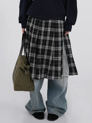 Dubi Check Button Midi Pleated Skirt