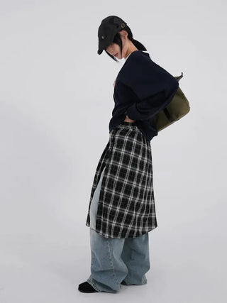 Dubi Check Button Midi Pleated Skirt