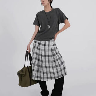 Dubi Check Button Midi Pleated Skirt