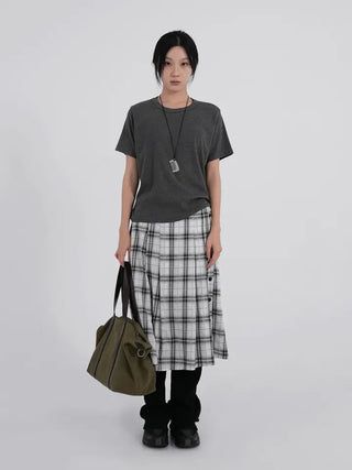 Dubi Check Button Midi Pleated Skirt