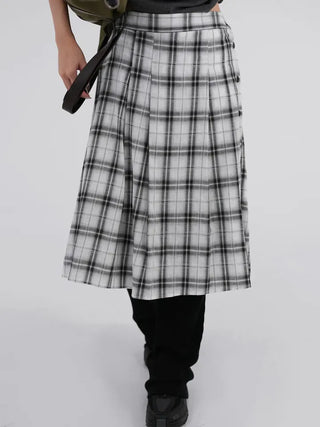 Dubi Check Button Midi Pleated Skirt