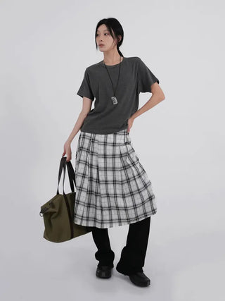 Dubi Check Button Midi Pleated Skirt