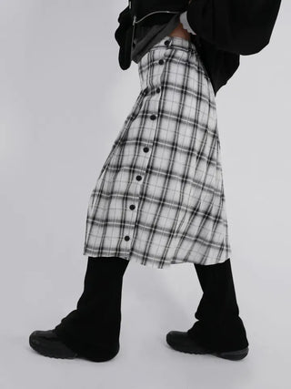 Dubi Check Button Midi Pleated Skirt