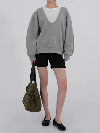 Naru Deep V Color Block Loose Sweatshirt