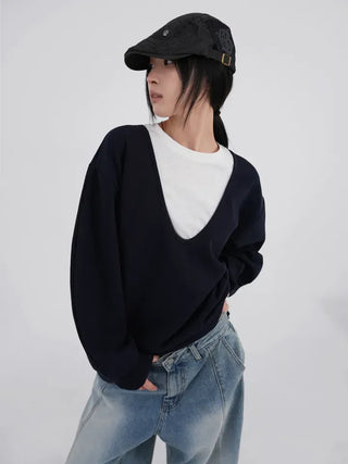 Naru Deep V Color Block Loose Sweatshirt