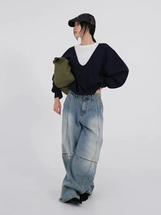 Naru Deep V Color Block Loose Sweatshirt