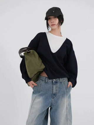 Naru Deep V Color Block Loose Sweatshirt