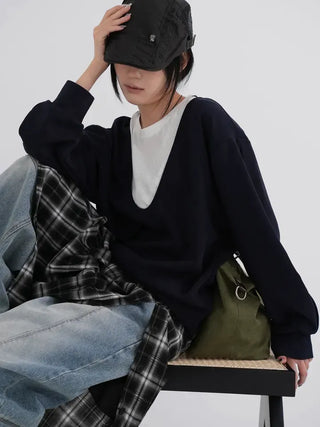 Naru Deep V Color Block Loose Sweatshirt