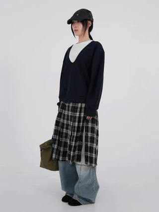 Naru Deep V Color Block Loose Sweatshirt