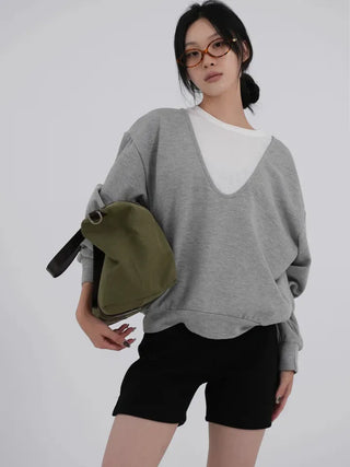 Naru Deep V Color Block Loose Sweatshirt