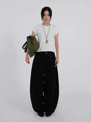 Collar Studded Line Balloon Cotton Pants