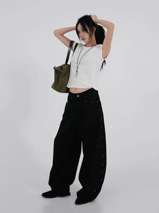 Collar Studded Line Balloon Cotton Pants
