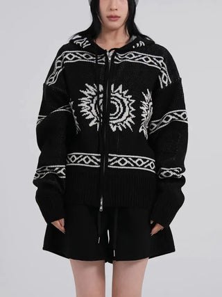 Daen Ethnic Cowichan Knit Zip-Up Hoodie