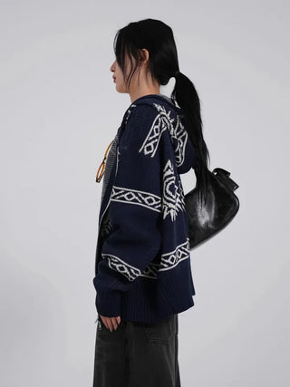 Daen Ethnic Cowichan Knit Zip-Up Hoodie