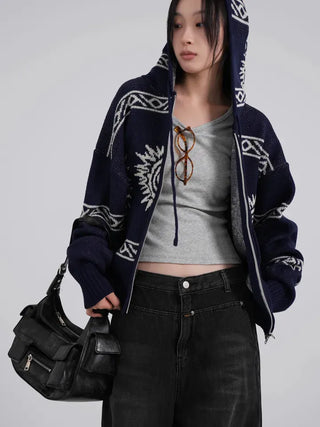 Daen Ethnic Cowichan Knit Zip-Up Hoodie