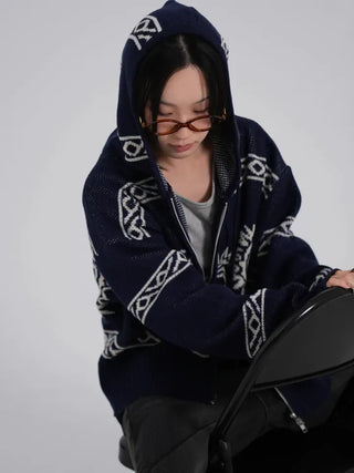 Daen Ethnic Cowichan Knit Zip-Up Hoodie