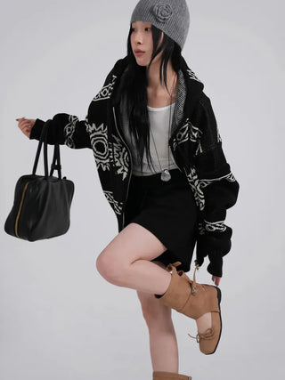 Daen Ethnic Cowichan Knit Zip-Up Hoodie