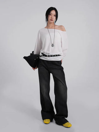 Suan Cutline Semi-Flare Wide Denim Jeans