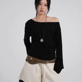 Polyester One-Shoulder Cream Loose Tee